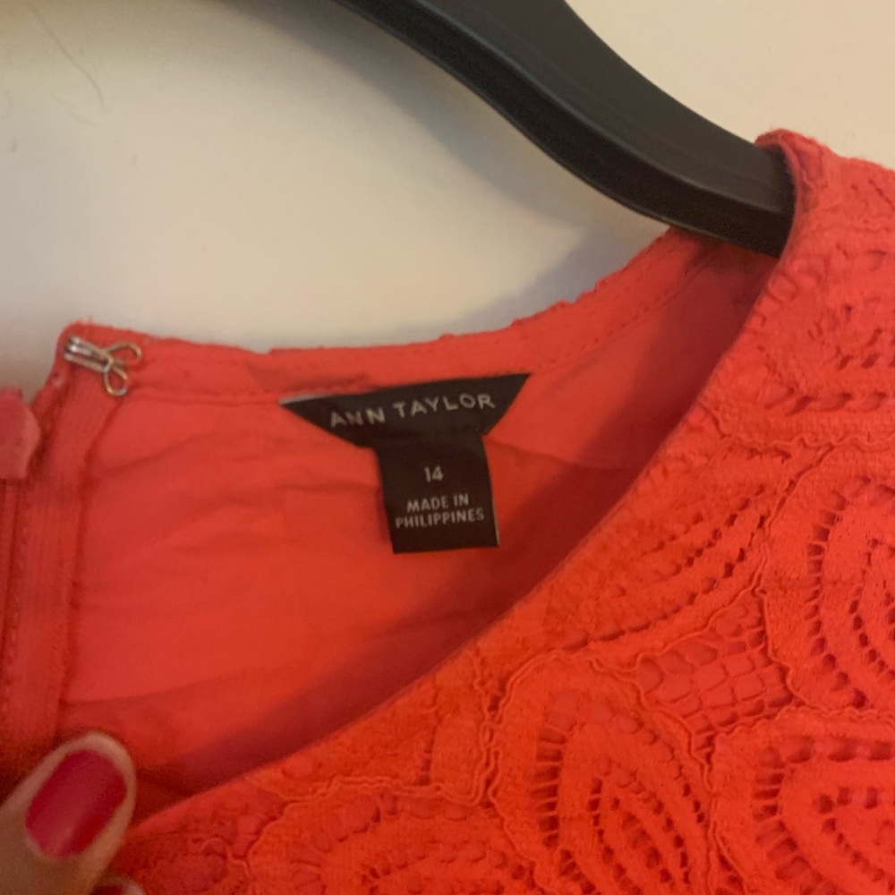 Burnt red, persimmon color lace w ruffle skeeves